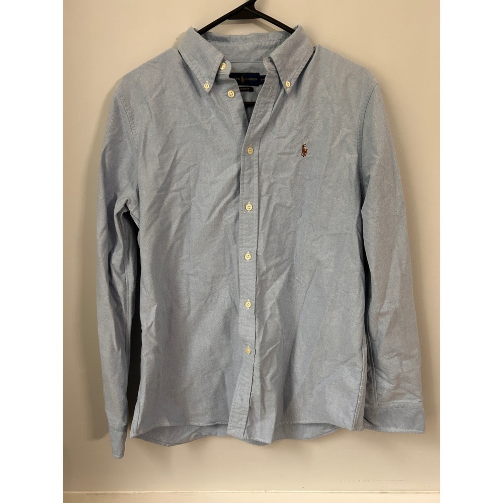 Ralph Lauren Mens Custom Fit Oxford Button Down Shirt Blue Large L/G Long Sleeve